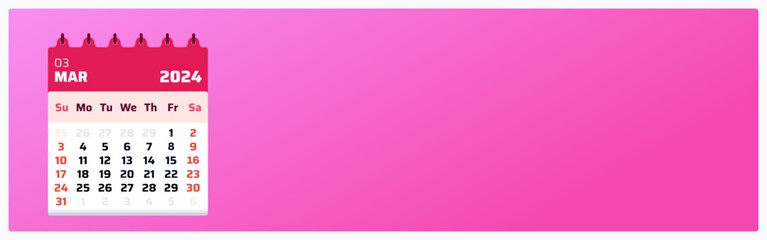 March 2024 calendar. Pink and red calendar ads. 2024 Weekend on saturday and sunday. Design format. Monthly calendar layout march 2024. Vector illustration