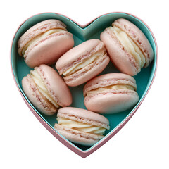 Pink french macarons with cream filling in a heart shaped box isolated on transparent background