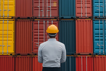 Shipping Engineer Overseeing Logistics: Worker in hardhat standing before rows of colorful freight containers in a port setting. Supply chain management.