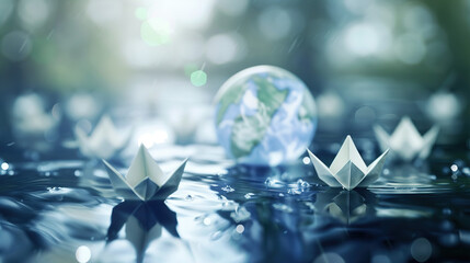 Symbolic globe with tiny paper boats floating towards country border, representing migration, global movement, and international relations concepts.
