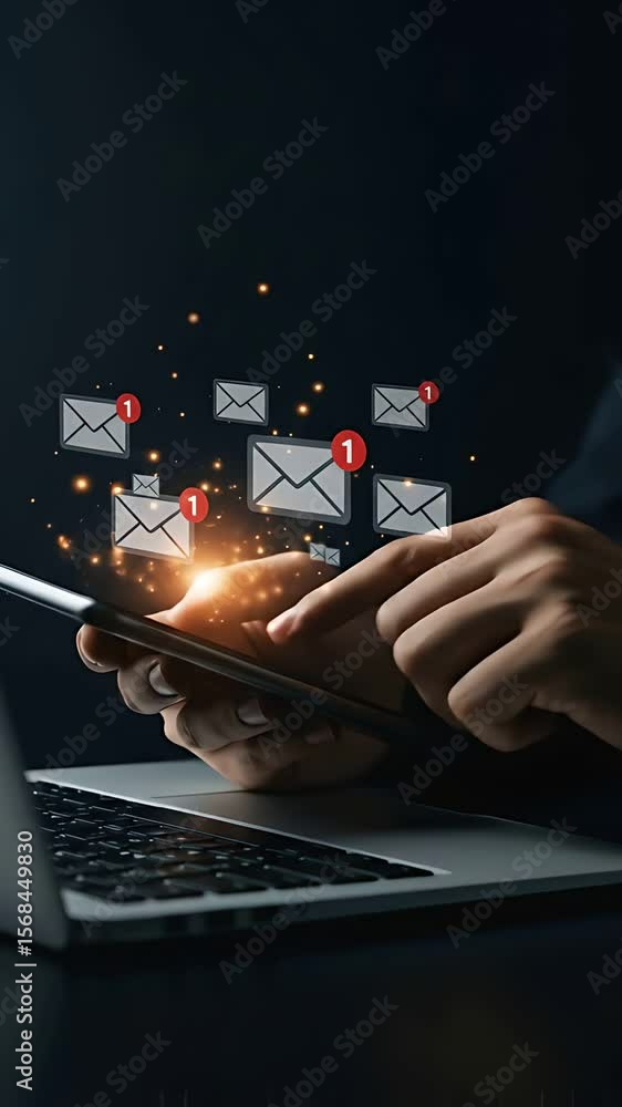 Poster checking new emails: business man in a suit scrolls on his smartphone next to a laptop to read new m