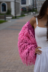 Woman in Pink Knit Cardigan with Fringe, Fashion Trend