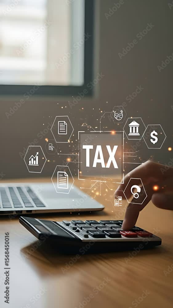 Poster calculating tax: an individual uses a calculator on a desk next to a laptop, representing business t
