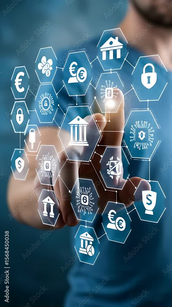 Poster digital banking innovation: a man interacts with futuristic interfaces to access secure financial se
