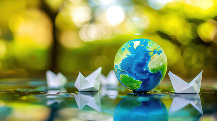 Symbolic globe with tiny paper boats floating towards country border, representing migration, global movement, and international relations concepts.
