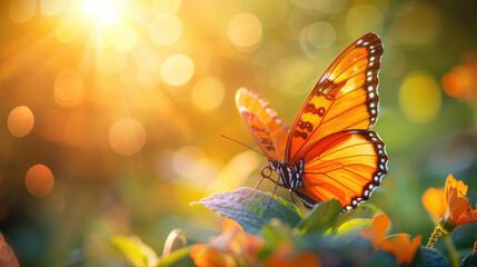 A striking monarch butterfly delicately alights on clusters of blooming flowers, showcasing its orange and black wings. The garden is bathed in soft sunlight, evoking a serene spring morning.