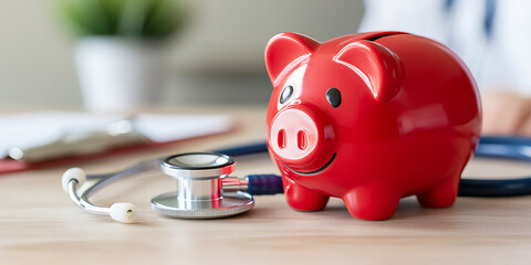 Healthcare Costs: A red piggy bank sits alongside a stethoscope, symbolizing the need to save for medical expenses and plan for future well-being.