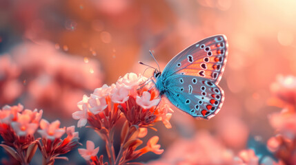 A striking monarch butterfly delicately alights on clusters of blooming flowers, showcasing its orange and black wings. The garden is bathed in soft sunlight, evoking a serene spring morning.