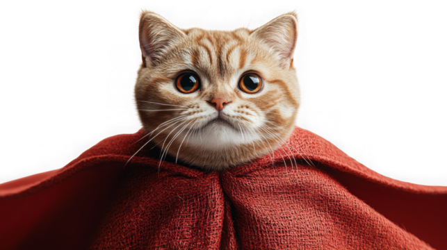 A cute ginger tabby cat is isolated on transparent background wearing a red cape