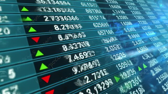 Stock market data feed with rising and falling trends, financial figures, teal background, and digital display