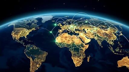Global network visualization with glowing connections on Earth at night - Powered by Adobe