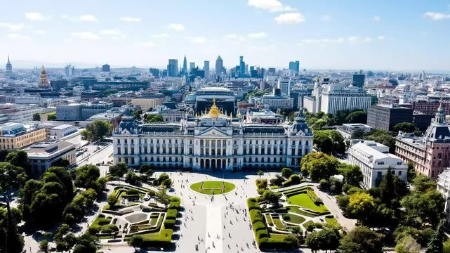 An aerial view of the Royal Palace of Madrid showing its grand scale and central location in the heart of the city