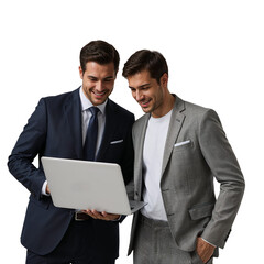 Two handsome businessmen collaborate on a laptop, discussing strategies and solutions with confident smiles, set against a transparent backdrop for versatile use.