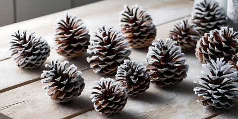 Snow-Dusted Pinecones on Rustic Wooden Surface

