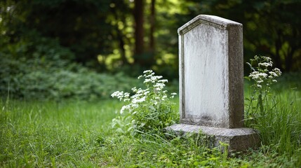 Fototapeta premium A weathered stone headstone stands in a peaceful, overgrown cemetery, surrounded by lush green grass and delicate white flowers, bathed in soft sunlight.