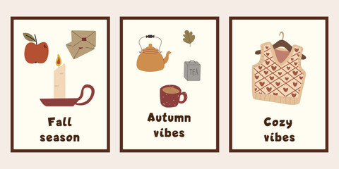 Autumn poster for interior design. Autumn simple poster set. Autumn flyer illustration set. Vector banner fall elements.