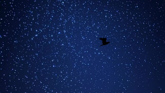 Nighttime display of stars with a bird silhouette flying in the sky