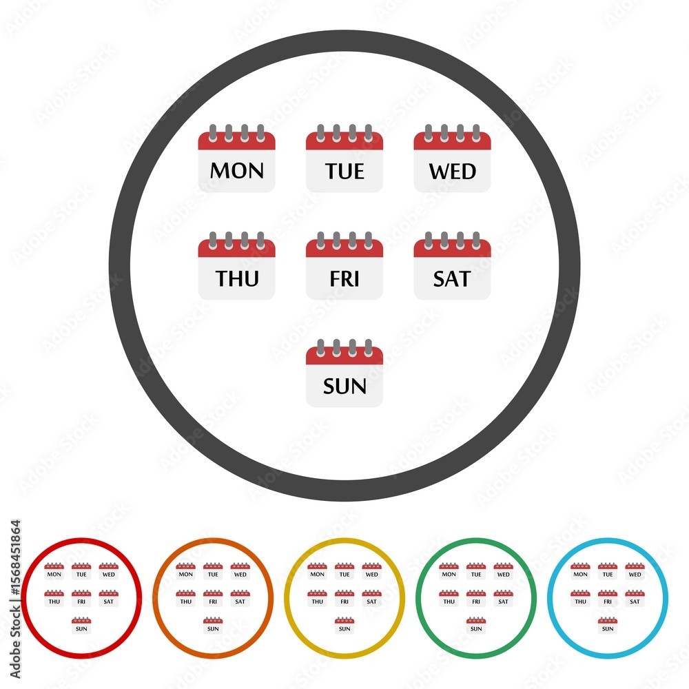 Poster calendar with week days icon. set icons in color circle buttons