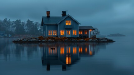 Obraz premium Lit house on small rocky island at dusk, reflection in the water, cozy ambiance