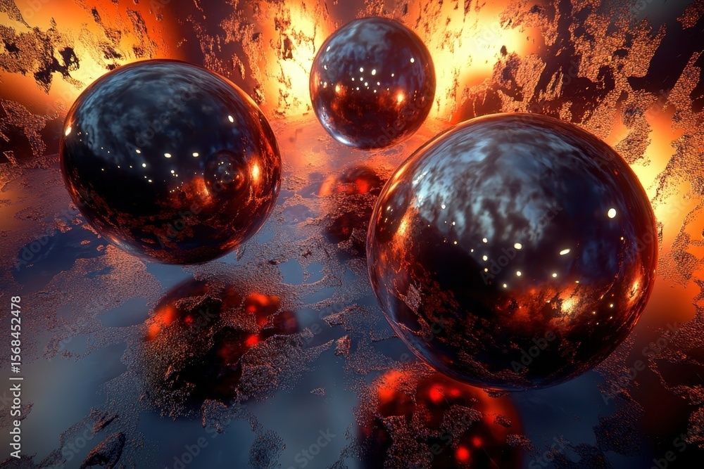Poster reflective spheres floating above a fiery landscape in a digital art creation