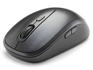 A close up studio shot of a dark gray wireless computer mouse on a white background with scroll wheel and buttons