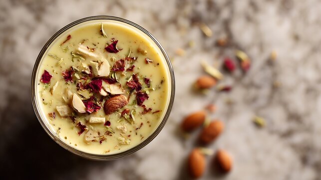Pakistani thandai cold milk drink fennel almonds and rose petals served in traditional glass cup on marble surface top down view