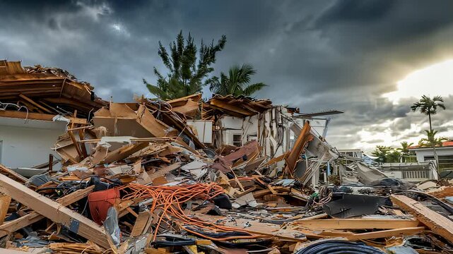 Devastating aftermath of a hurricane with destroyed homes and debris under dramatic cloudy sky