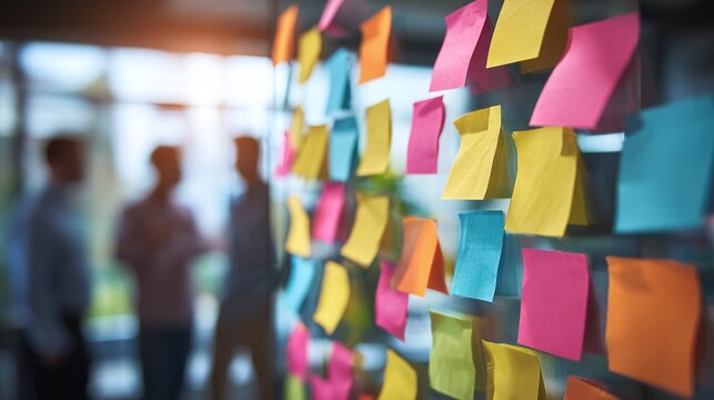 Brainstorming with colorful notes on glass. Collaboration in creative office. Teamwork and ideas generation. Planning and strategy concept.