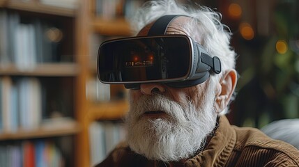 Senior man with VR headset, surprised expression, bookshelf backdrop