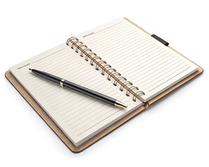 A spiral notebook open with lined pages and a black pen resting on it on a white background close up view
