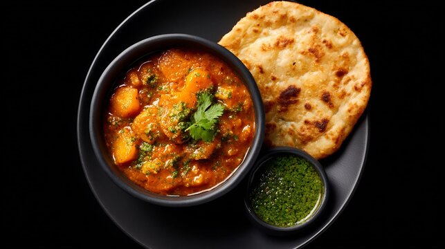 Pakistani tinda curry apple gourd tomato gravy served with chapati and mint chutney on black background top down view