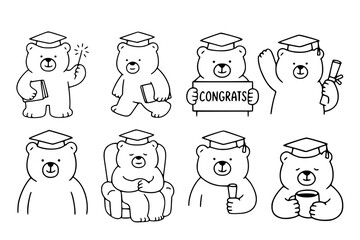 Graduation bear doodle icon set, hand drawn cute teddy bears in cap and gown, black and white sketch for school celebration and congrats theme