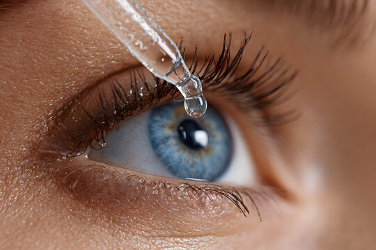 Close-up of a blue eye with a dropper applying eye drops to treat dry eye syndrome, promoting healthy vision and eye care with lubrication and hydration.