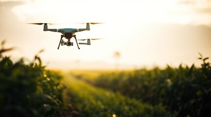 Drone in Field at Sunrise.