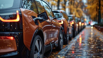 Orange electric cars charging on an autumn city street