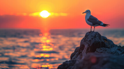 A seagull perches elegantly on the icy surface of a lake, illuminated by the warm glow of a sunset. Fellow birds gather in the background, adding to the serene winter atmosphere Generative AI