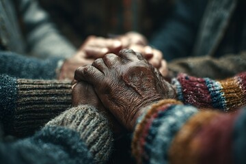 Close up of diverse individuals holding hands, symbolizing unity and teamwork while expressing support for a shared cause, fostering connection and cooperation among the community