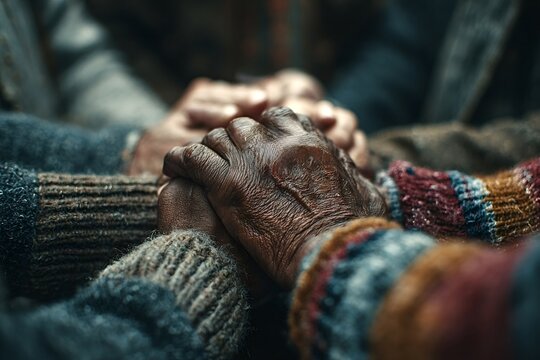 Close up of diverse individuals holding hands, symbolizing unity and teamwork while expressing support for a shared cause, fostering connection and cooperation among the community