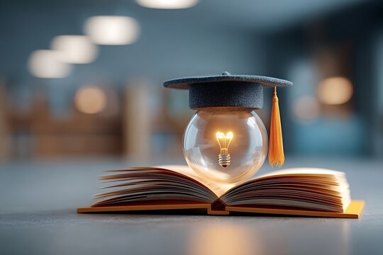 Graduation cap resting atop a glowing light bulb, placed on an open book, symbolizes the transformative power of education, knowledge, and the journey toward graduation