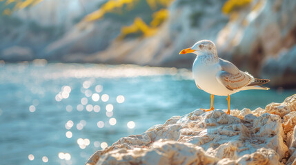 A seagull perches elegantly on the icy surface of a lake, illuminated by the warm glow of a sunset. Fellow birds gather in the background, adding to the serene winter atmosphere Generative AI