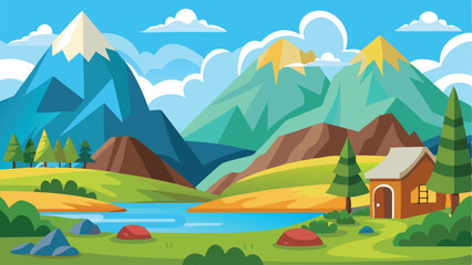 Obraz premium Cartoon Landscape with Mountains, Lake, Forest, Cabin, and Cloudy Blue Sky Illustration