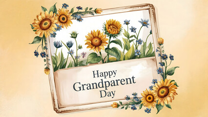An artistic illustration featuring a decorative frame adorned with sunflowers and delicate blue flowers, enclosing the text Happy Grandparent Day