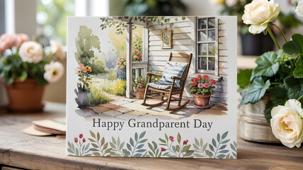 A serene illustration depicting a charming porch with a rocking chair and potted flowers, bathed in warm sunlight with the text Happy Grandparent Day