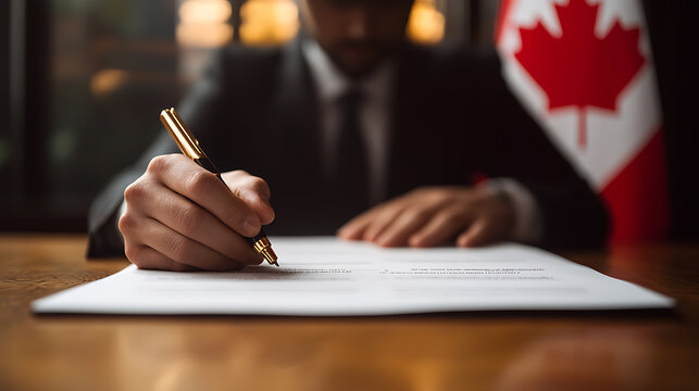 Signing Canadian Agreement: A focused shot of a person signing a document with a gold pen, the Canadian flag displayed in the background.