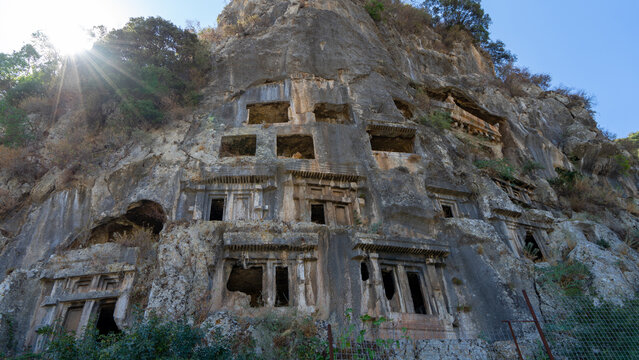 Lycian tombs in rocks of city Fethiye, Turkey. Ancient Lycian rock-hewn tomb at ancient Telmessos