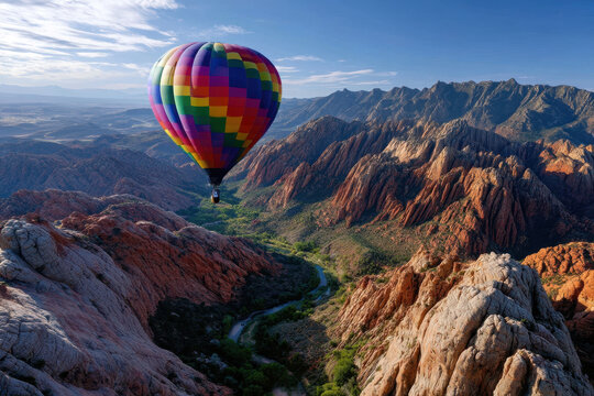 Colorful hot air balloon glides over rugged mountain landscape at sunrise