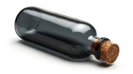 Tinted glass bottle lies horizontally; cork stopper in its neck. Soft shadow below, clean white background