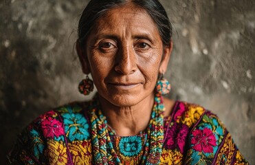 Indigenous guatemalan woman wearing traditional clothing posing against textured wall