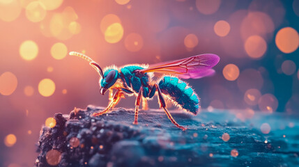 Naklejka premium A luminous teal-bodied insect with delicate pink wings perched on a textured surface, bathed in a shimmering orange and purple bokeh glow, perfect for nature art or greeting cards.