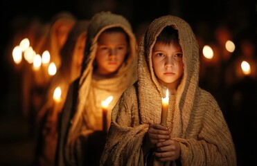 Children holding candles during a religious procession in the dark